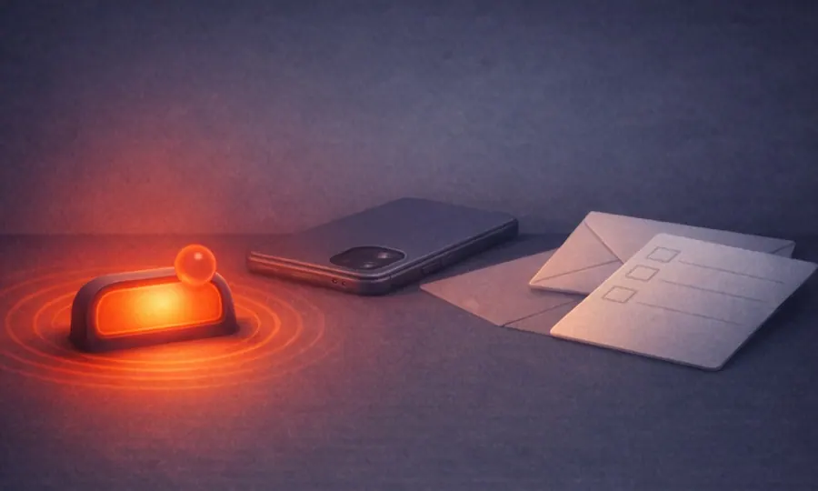 Stress lesson art: urgent red pulse object and work-pressure objects on a dark tabletop, suggesting a short stress wave turning into an all-day state