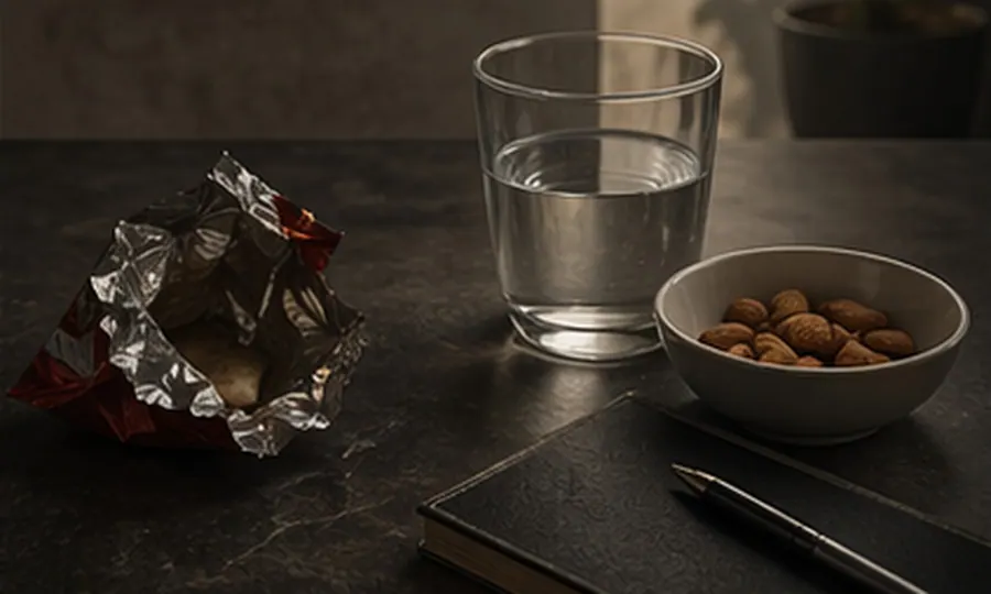 Addiction lesson art: one crumpled wrapper beside a fresh reset setup with water and a closed notebook on a dark table