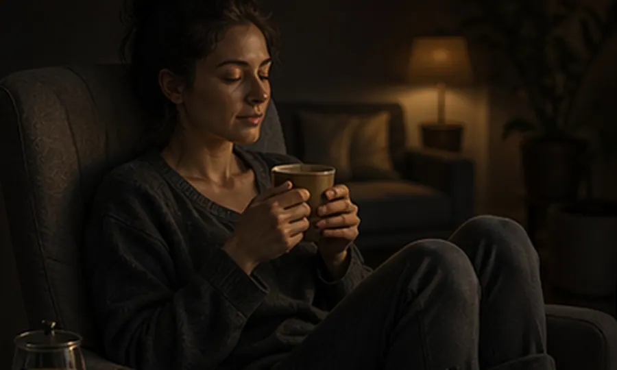 Addiction lesson art: woman sitting quietly with a warm mug in a low-light room after overstimulation