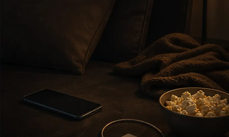 Addiction lesson art: phone, charger, couch blanket, and snack bowl arranged as an evening scroll-trigger scene
