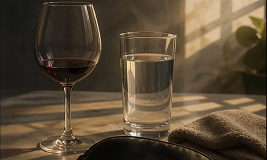 Addiction lesson art: unfinished wine glass beside water, sleep mask, and folded towel in soft morning light