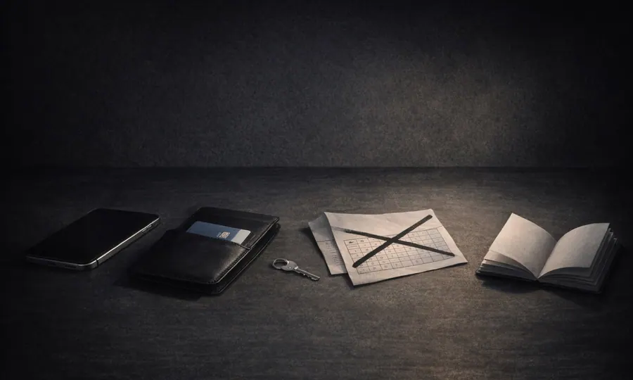 Betting block lesson art: phone, wallet, bank card, key, and folded slip arranged as a friction setup on a dark tabletop