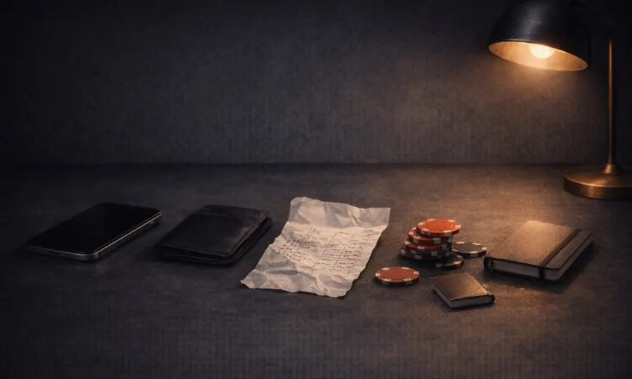 Betting lesson art: crumpled betting sheet, reduced chip stack, wallet, dark phone, and closed notebook on a dim tabletop