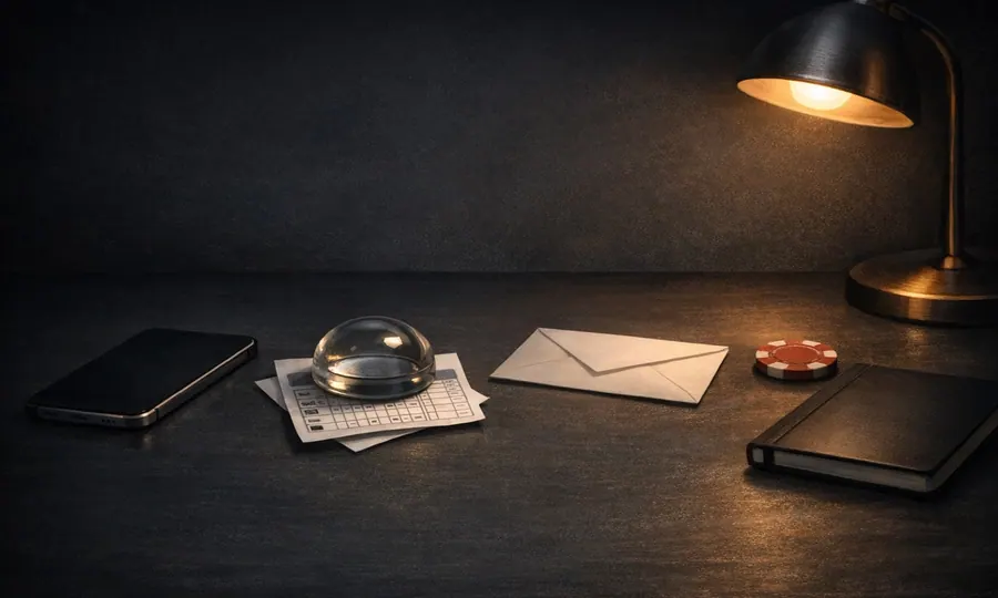 Betting shame lesson art: phone, folded betting slip under a glass paperweight, envelope, and notebook on a dark tabletop