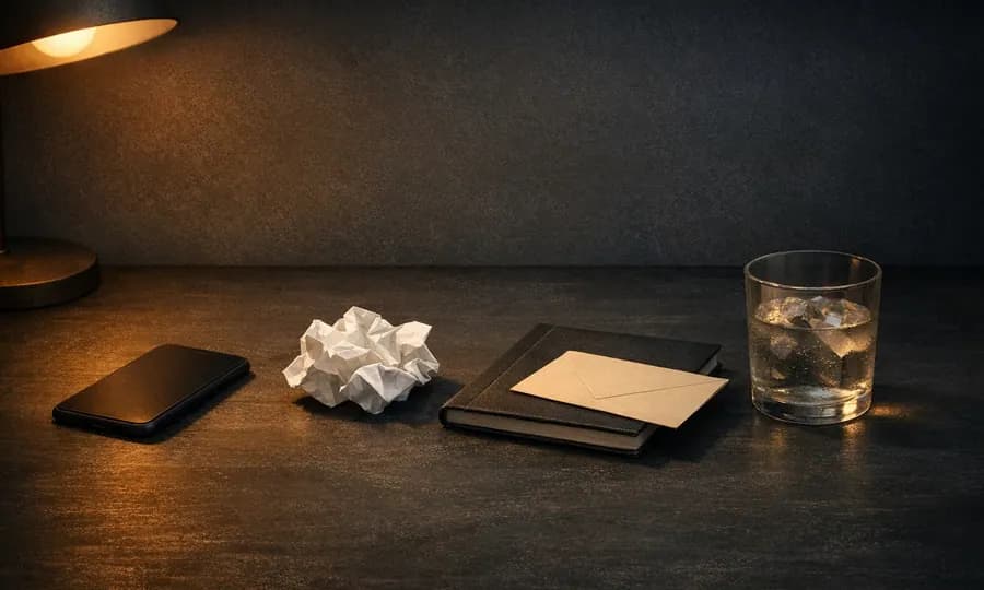 Betting lesson art: dark phone, crumpled paper slip, closed notebook, small envelope, and water glass arranged as an immediate reset scene