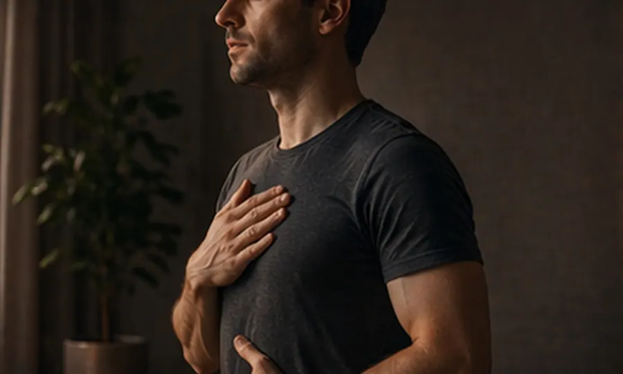Breath lesson art: adult in profile with one hand on the chest and one on the abdomen to show breathing mechanics
