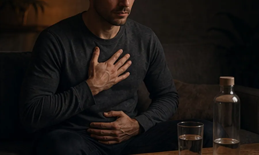 Breath lesson art: adult seated with one hand on the chest and water nearby, regaining control with smaller breaths