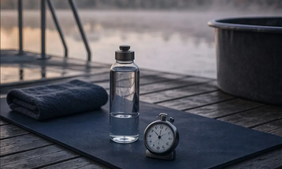 Breath lesson art: cold-exposure setup with mat, towel, water bottle, timer, and plunge tub at dawn