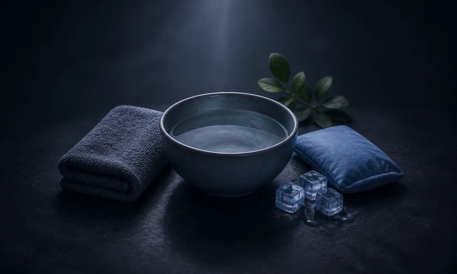 Cold Face Reset lesson art: ceramic bowl of cool water, folded towel, and wrapped cold pack on a dark tabletop