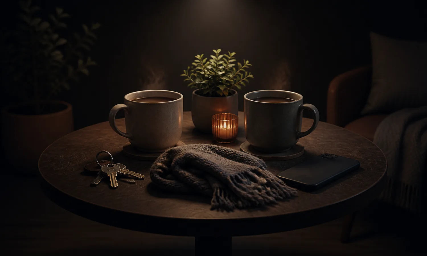 Connection Supports Health lesson art: two warm cups on a shared table with keys, scarf, and a face-down phone set aside