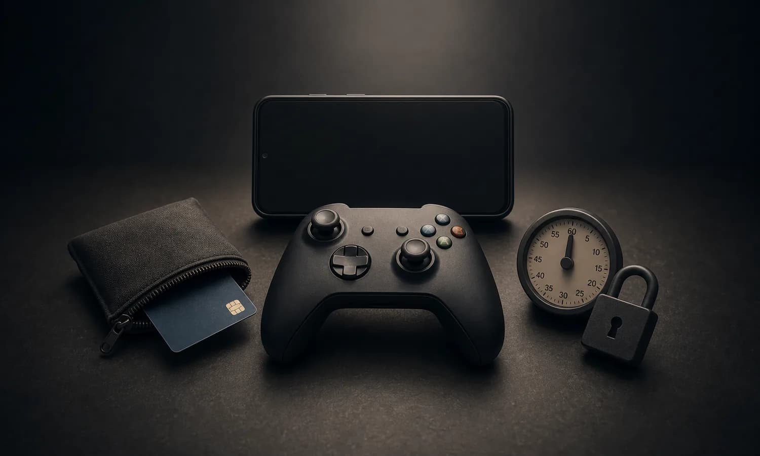 Build a Game Spending Firewall lesson art: game controller, dark screen, bank card tucked away, and timer as a spending pause cue