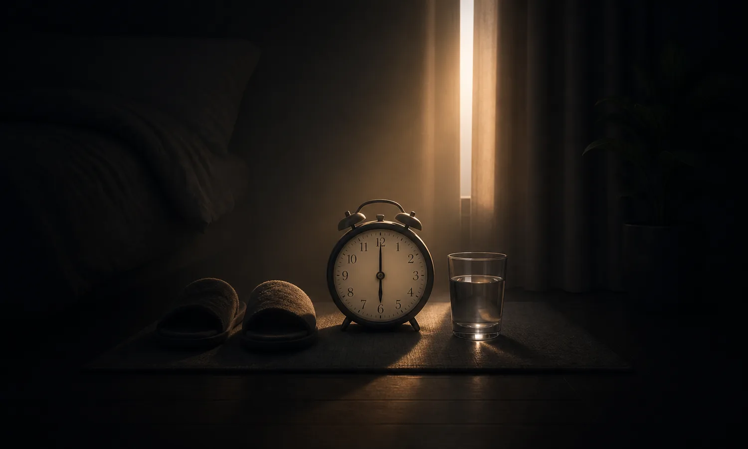 Morning light reaches an alarm clock, a glass of water, and slippers beside a bed.
