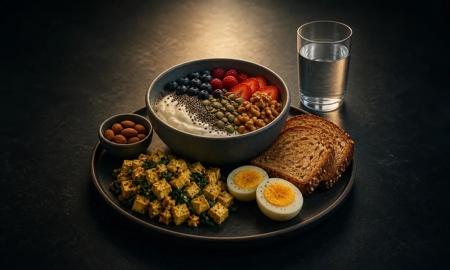 Start Breakfast With Protein lesson art: centered breakfast bowl with yogurt or tofu, oats or toast, fruit, nuts or seeds, and water