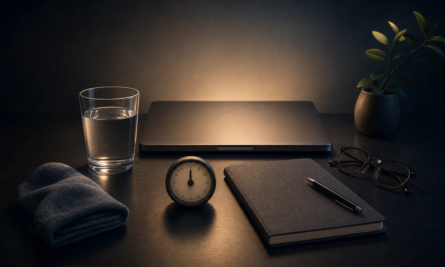 Close the Stress Loop lesson art: closed laptop, timer, water, glasses, and blank notebook arranged as a recovery cue after stress
