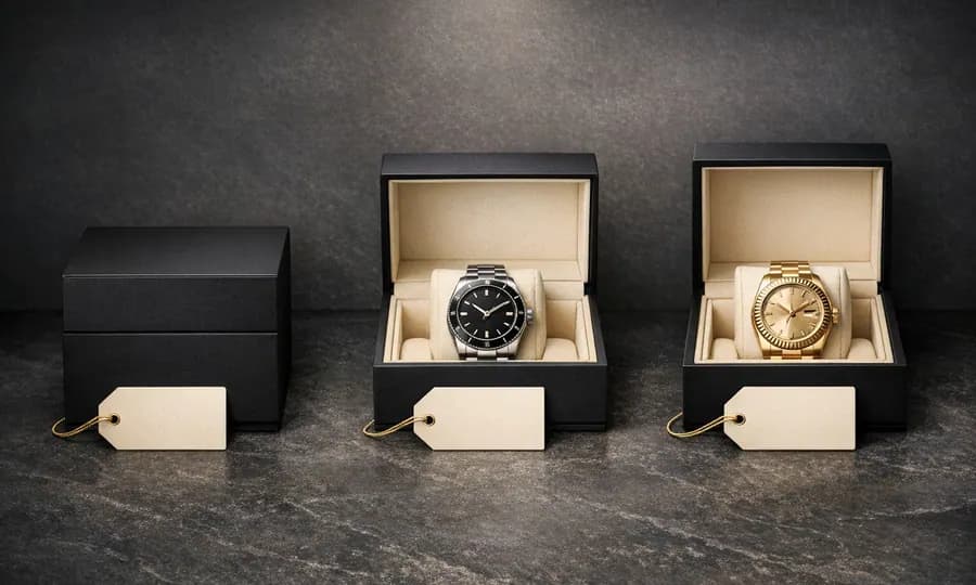 Economics lesson art: three watch boxes arranged as a comparison frame, with a middle option anchored between a closed box and a luxury watch