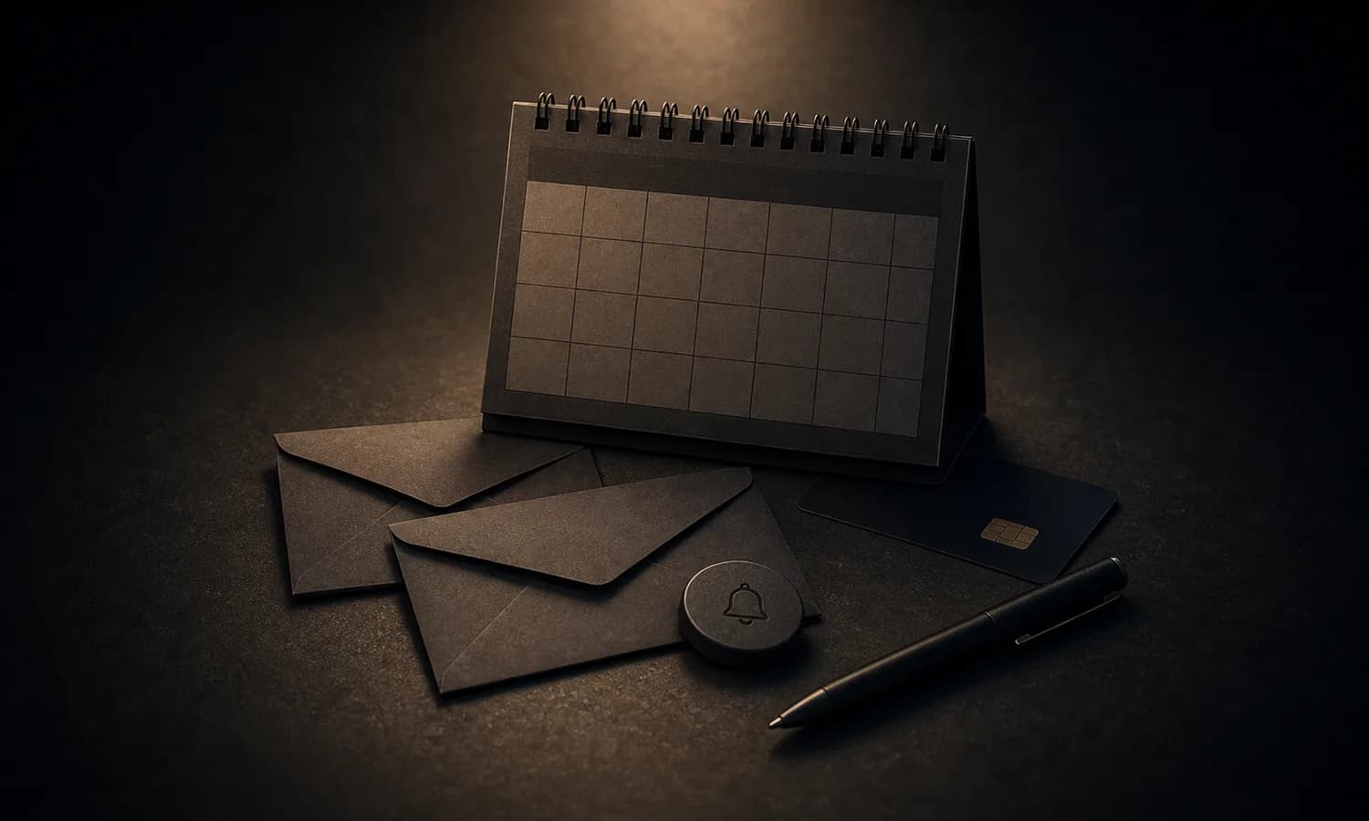 Economics lesson art: blank calendar, envelopes, card, pen, and reminder token centered on a dark tabletop