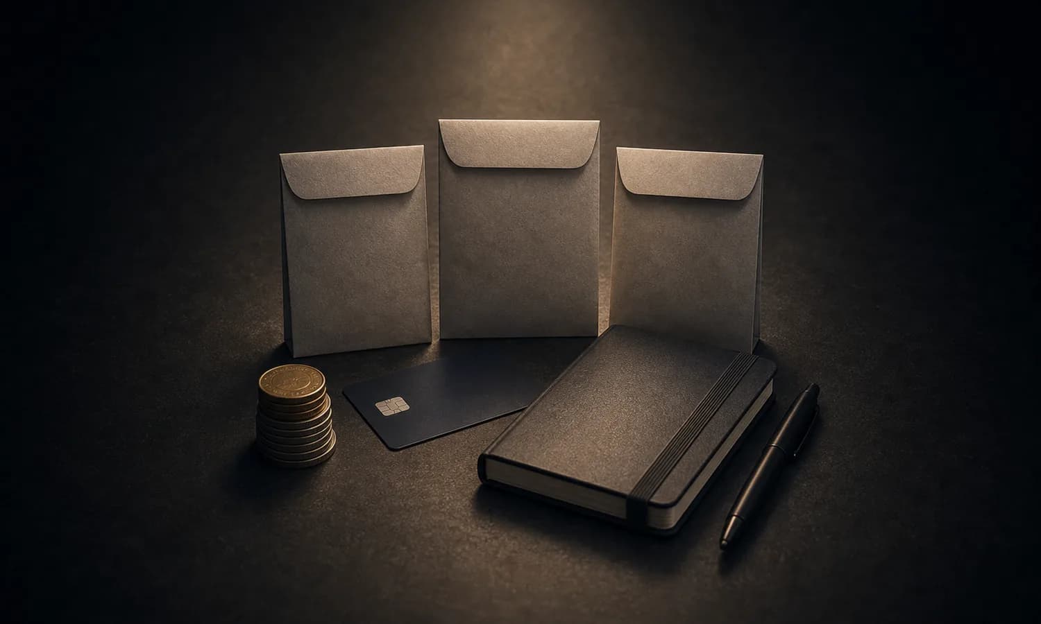 Economics lesson art: three blank envelopes, a modest coin stack, tucked-away card, notebook, and pen centered as a money buffer