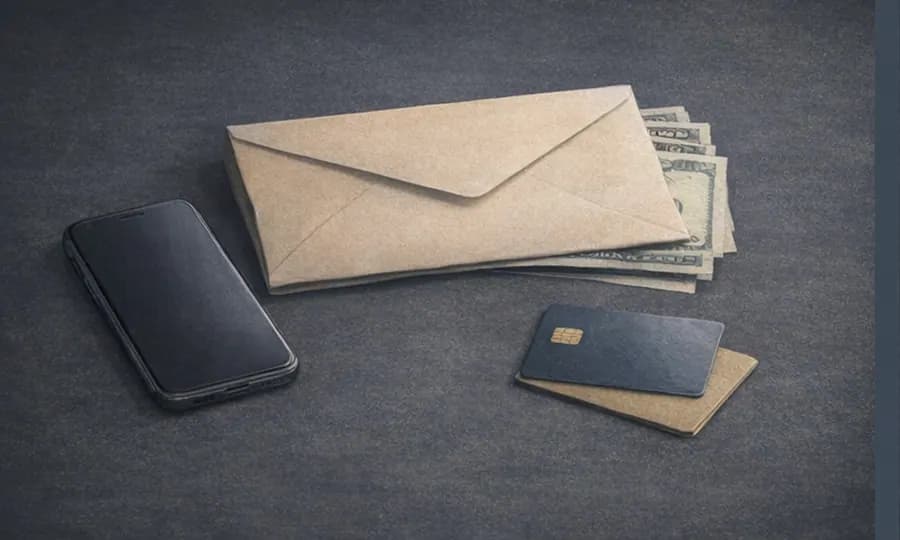 Economics lesson art: one protected cash envelope, phone facedown, stacked cards, and a small buffer of bills arranged calmly on a dark tabletop