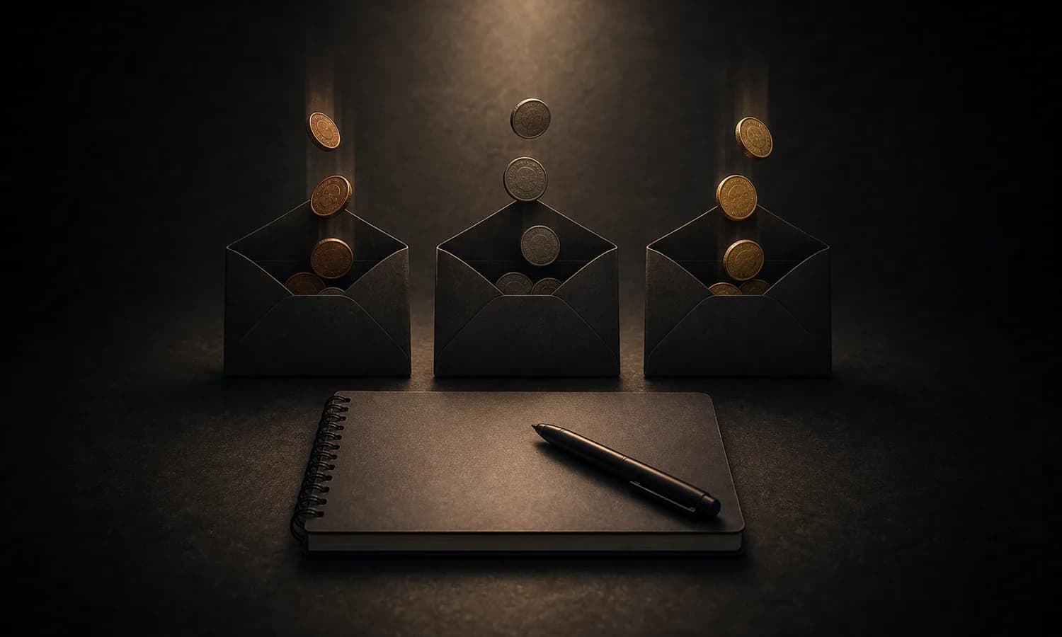 Economics lesson art: three small envelopes, coins, blank notebook, and pen showing a few repeating money leaks under one dark spotlight
