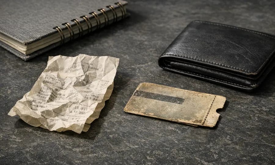 Economics lesson art: an old crumpled receipt, worn card, notebook, and wallet arranged as already-spent money on a dark tabletop