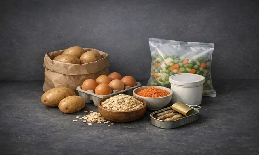 Economics lesson art: affordable staple foods including potatoes, eggs, oats, lentils, yogurt, frozen vegetables, and canned fish on a dark tabletop