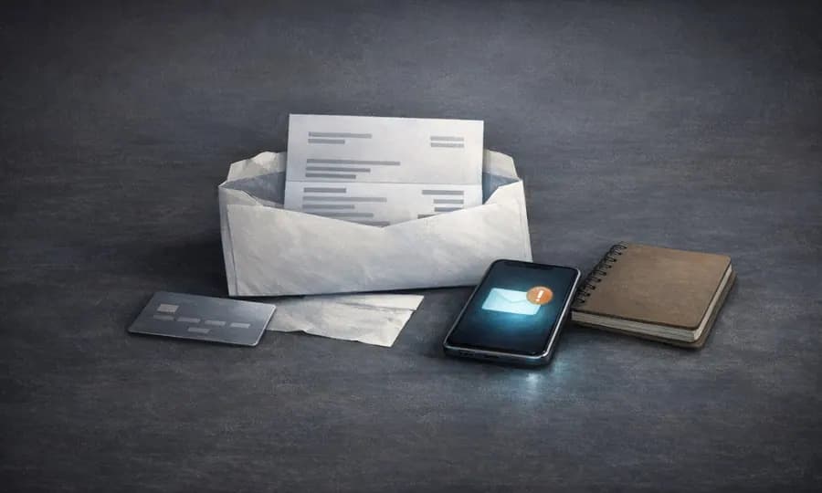 Economics lesson art: opened bill envelope, plain statement, payment card, glowing phone alert, and notebook on a dark tabletop