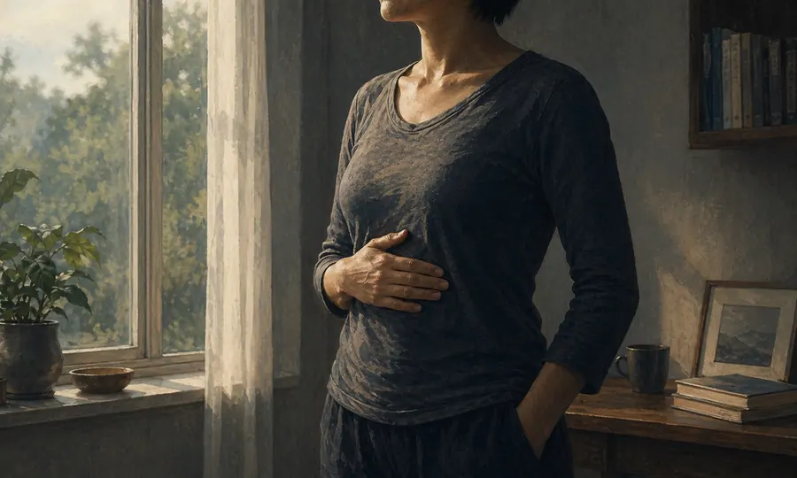 Energy lesson art: one adult standing near a window with a hand low on the ribs, taking a calmer breath