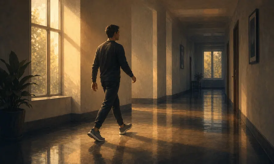 Energy lesson art: one adult taking the first brisk steps into motion in a quiet sunlit hallway