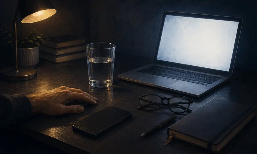 Energy lesson art: laptop and phone glow on a dark desk with glasses, notebook, and a tired hand nearby
