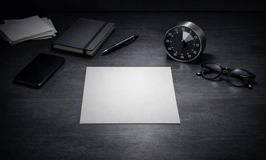 Focus lesson art: face-down phone, notebook, timer, glasses, and a clean sheet centered on a dark desk under a restrained spotlight