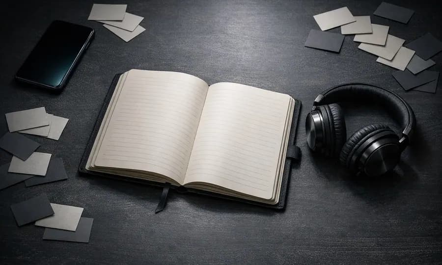 Focus lesson art: open notebook and headphones centered on a dark desk while a phone and scattered novelty cards are pushed to the edges