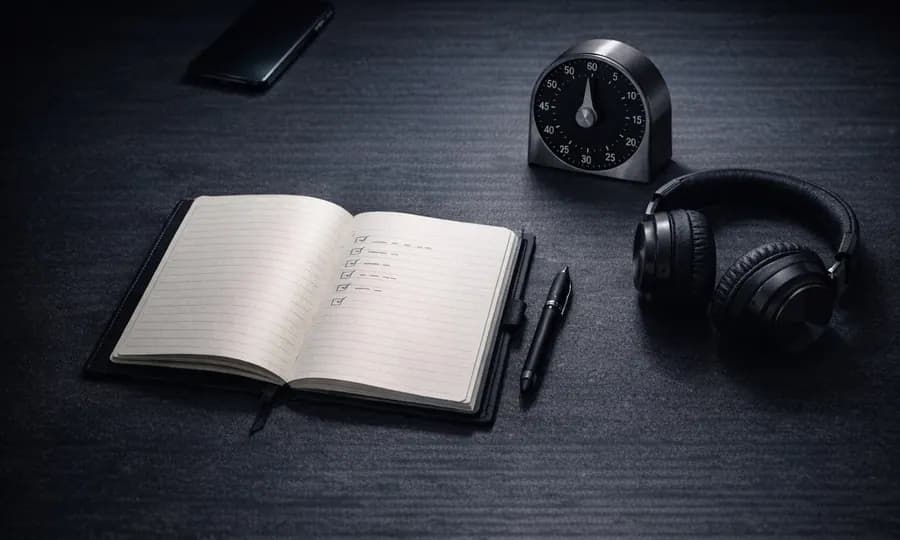 Focus lesson art: open notebook with small finished reps, short timer, headphones, pen, and a phone kept far away on a dark desk
