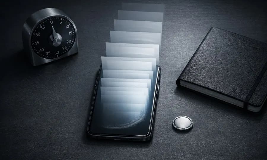 Focus lesson art: glowing phone, stacked translucent feed cards, analog timer, notebook, and one small chip-like marker on a dark desk