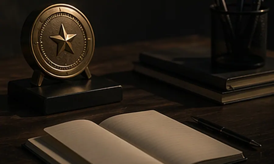 Focus lesson art: one shiny score token overshadowing a simple notebook and pen on a dark desk
