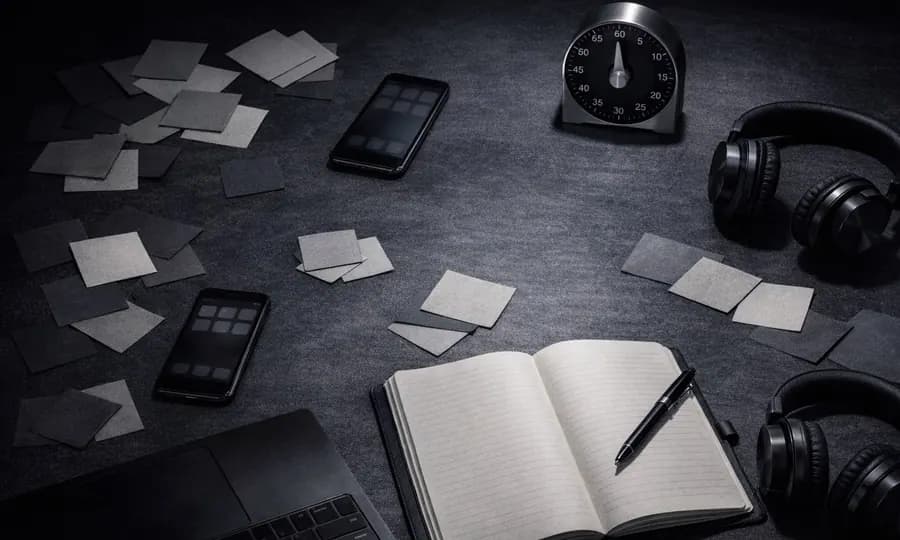 Focus lesson art: overloaded dark desk with phone, timer, headphones, notebook, and scattered competing note cards suggesting switch-heavy work