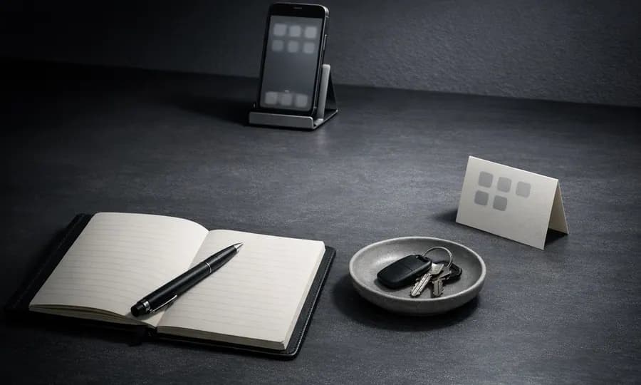 Focus lesson art: notebook and pen in a clear work zone while a grayscale phone sits exiled on a stand beside keys and a small card on a dark shelf