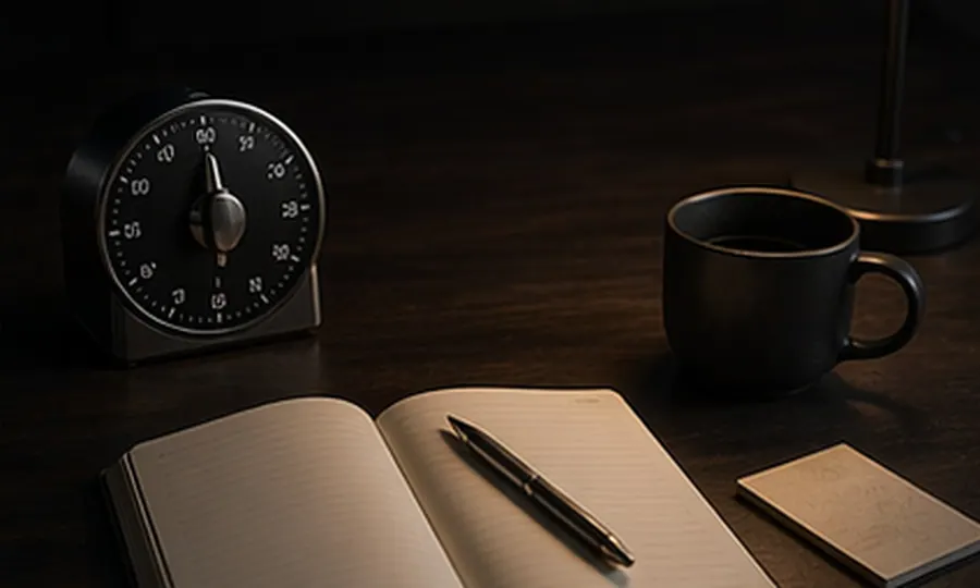 Focus lesson art: notebook reopened beside a timer and one small reset card on a calm dark desk