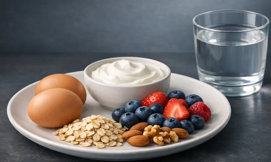 Food basics lesson art: simple plate with eggs, yogurt, berries, oats, nuts, and a glass of water on a dark tabletop