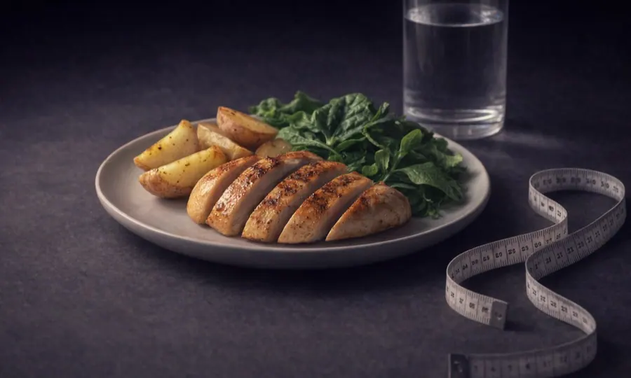 Fat loss lesson art: grilled chicken, potatoes, greens, tape measure, and water on a dark tabletop
