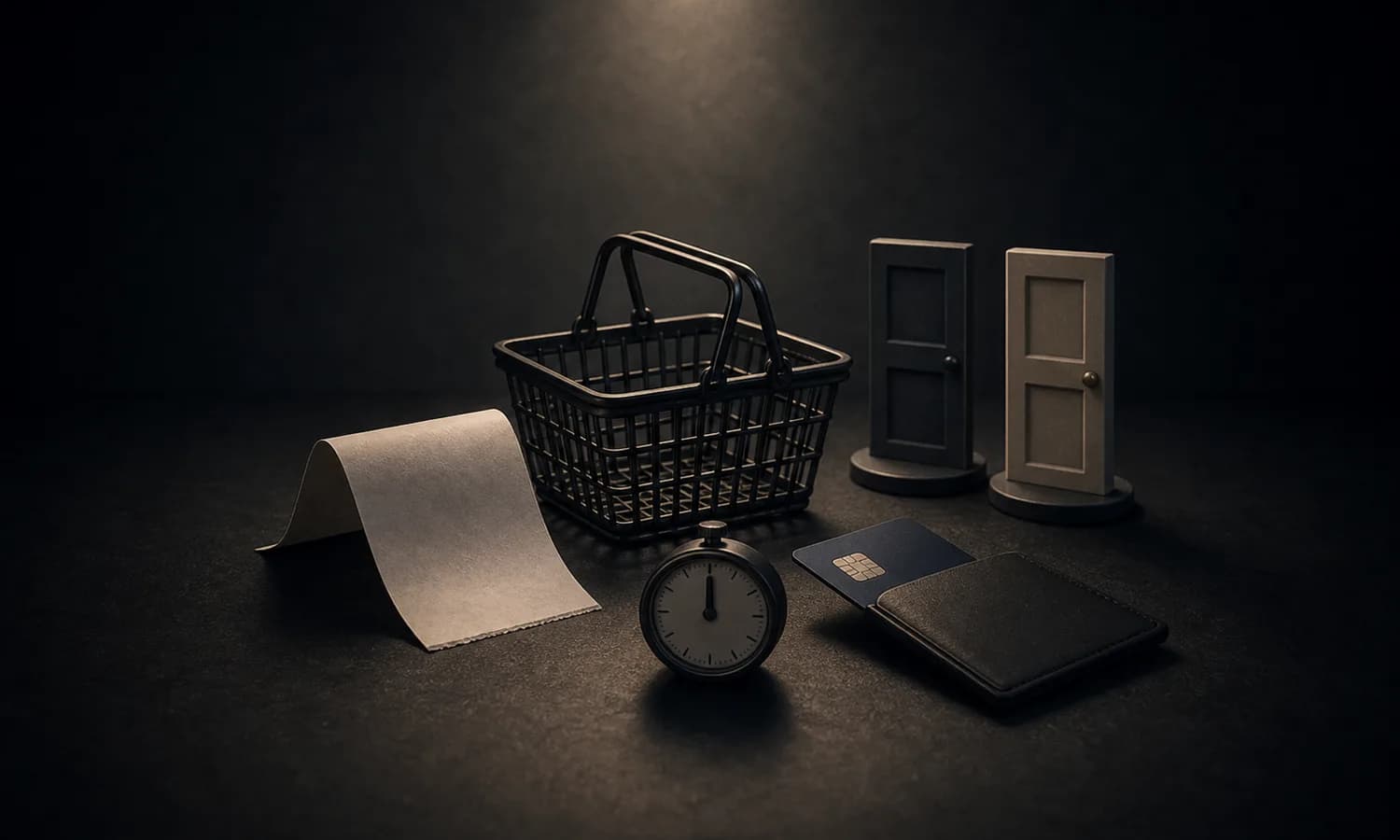 Dark Patterns at Checkout lesson art: shopping basket, blank receipt, tucked-away bank card, timer, and choice blocks on a dark table