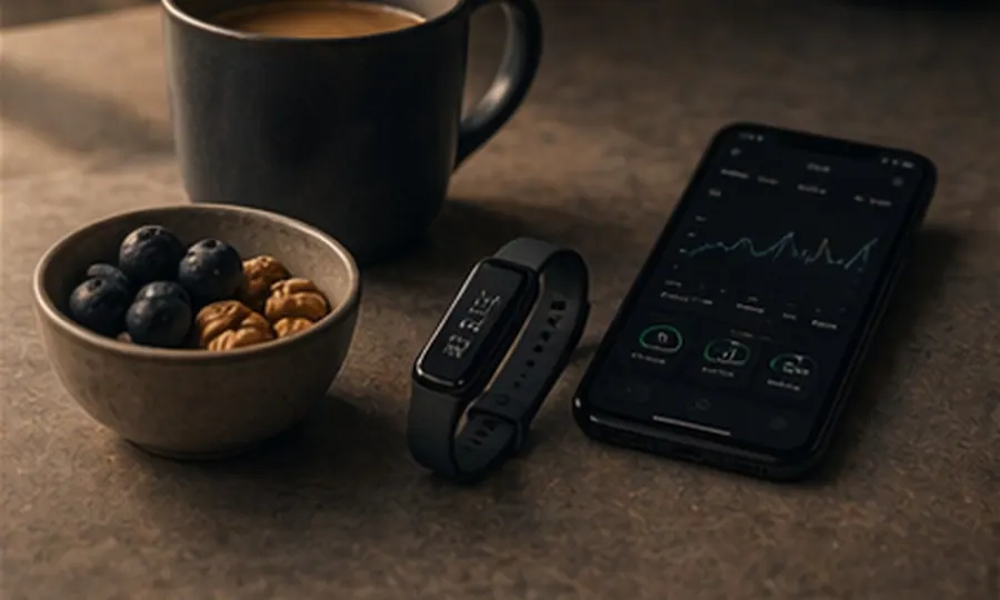 Metabolic lesson art: coffee, berries, a small wearable tracker, and a phone with a quiet health-glance feel on a dark counter