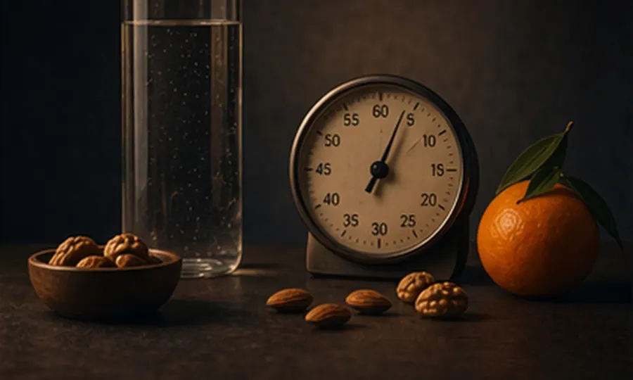 Metabolic lesson art: water bottle, analog timer, nuts, and citrus on a calm dark tabletop