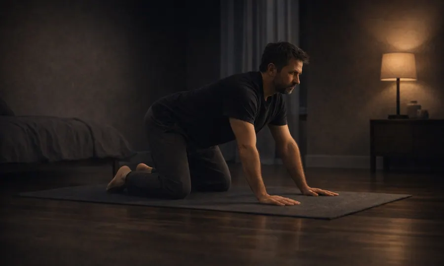 Movement lesson art: adult on a mat in a calm dark room setting up for quiet back-stability work with a controlled neutral-spine posture