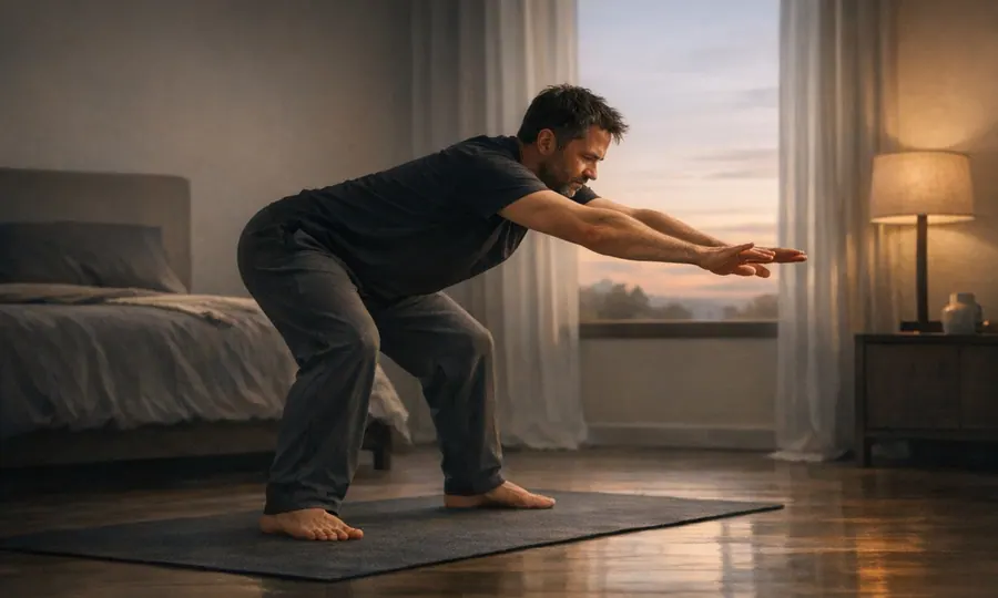 Movement lesson art: adult doing a calm morning mobility reset in a quiet room at dawn with a soft hip-hinge posture on a mat