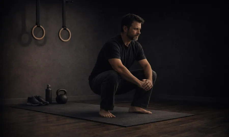 Movement lesson art: adult holding a calm controlled deep squat in a dark movement room with rooted feet and an upright torso