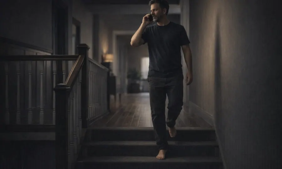 Movement lesson art: adult walking barefoot down the stairs while taking a phone call in a calm dark home interior