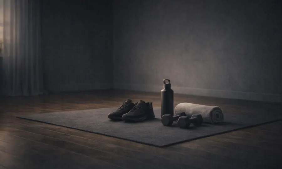 Movement lesson art: a minimalist movement floor with mat, walking shoes, water bottle, light dumbbells, and a towel in a calm dark room