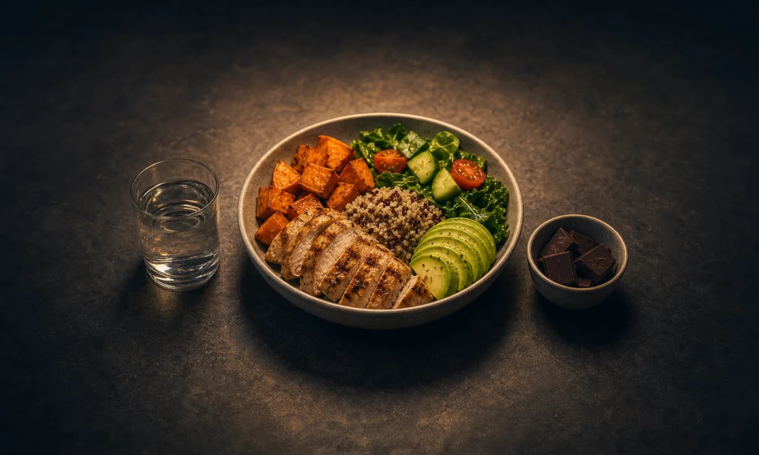 Overeating versus undereating lesson art: centered balanced meal bowl with water and a small treat cue on a dark tabletop