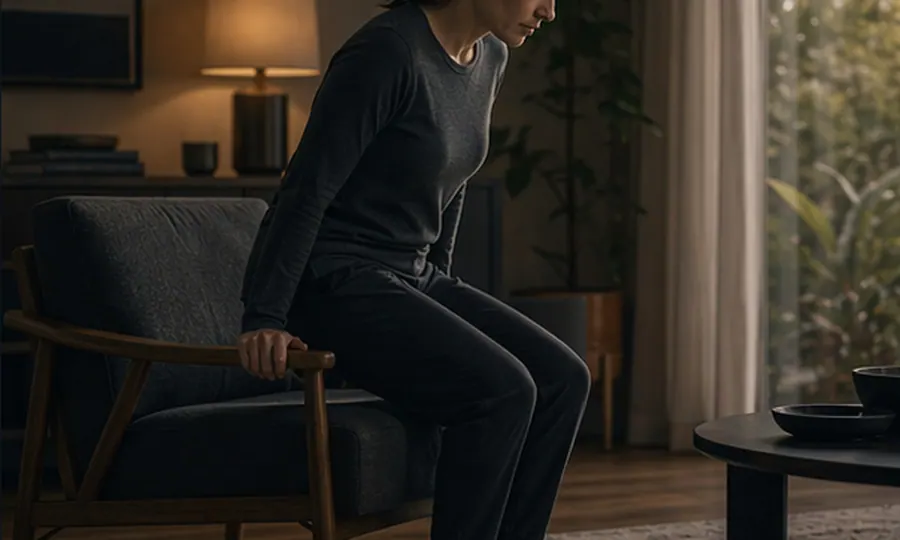 Posture lesson art: adult moving carefully through a back flare in a calm room, lowering load instead of forcing movement