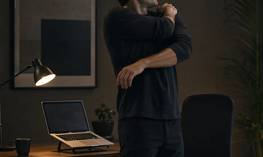 Posture lesson art: adult stepping away from the desk for a tiny shoulder-and-chest reset beside a workstation